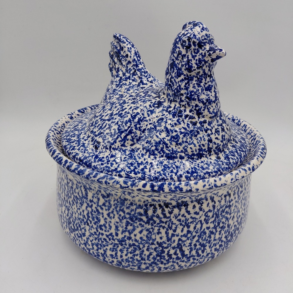 Vtg Blue White Spongeware Ceramic Hen Nest Covered Dish Farmhouse Cottagecore
